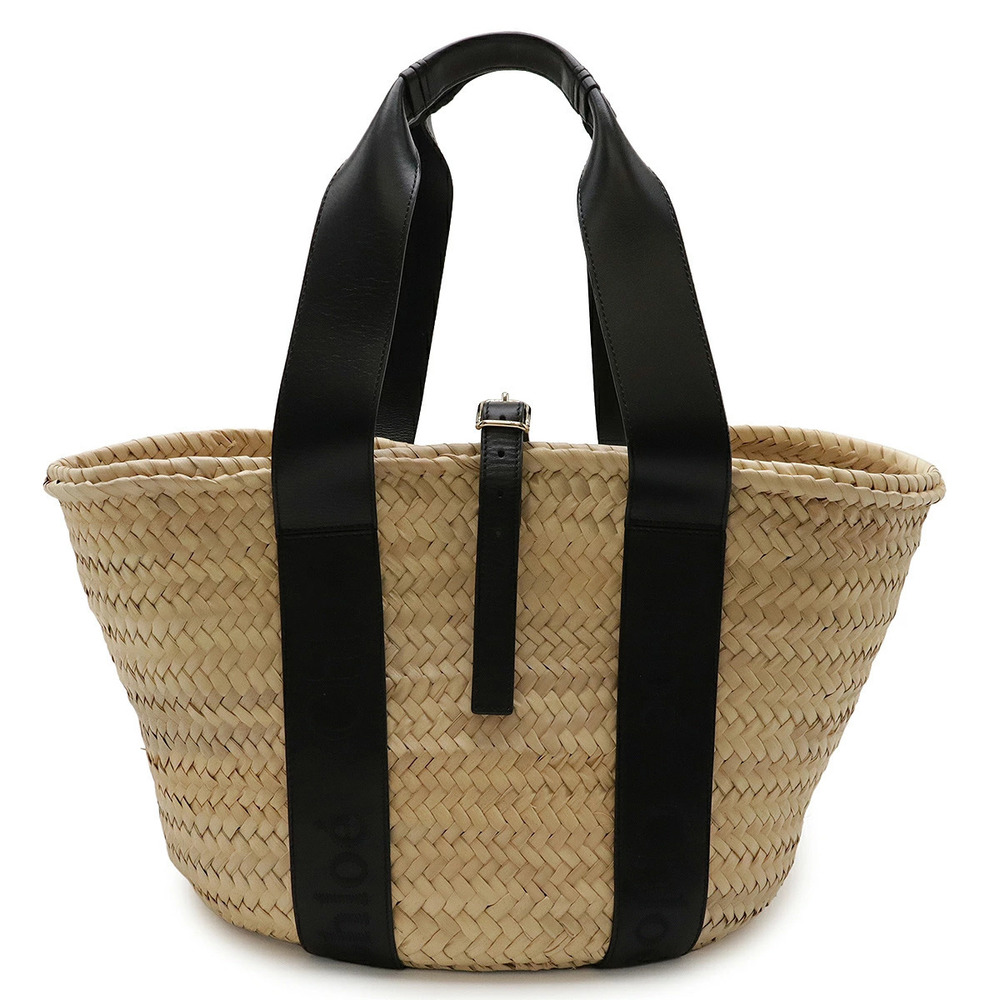 Chloe Sense Basket Bag Straw Tan Tote Shoulder Raffia Black